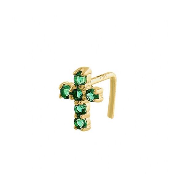 Solid 14K Yellow Gold Cross Emerald Green CZ Nose Stud New - Picture 1 of 4